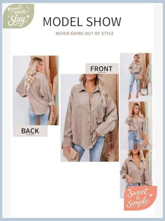 Oversized Corduroy Button Down Shirt with Pockets Long Sleeve V Neck Blouse - Picture 4 of 7